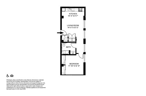 Floor plan for 1 bed, 1 bath, 628 sqft
